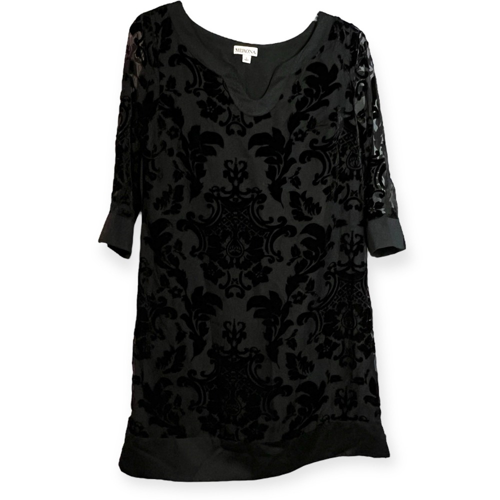 Velvet Burnout‎ Knee Dress Sz Med Black 3/4 Sleeve Whimsy Goth Party Evening